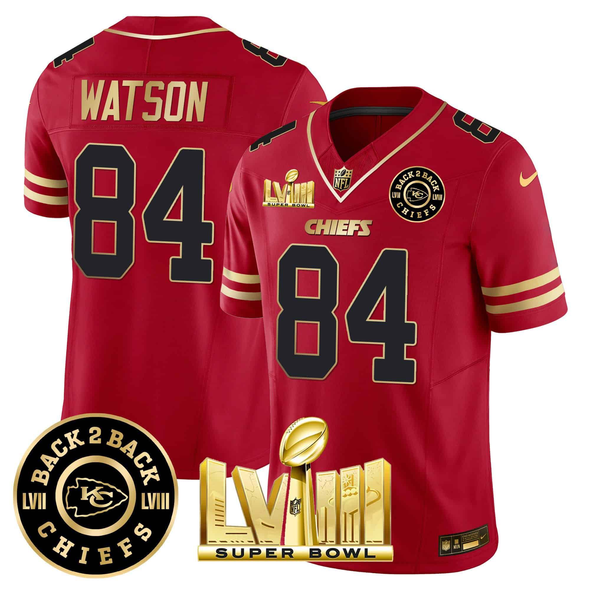 Men Kansas City Chiefs 84 Watson Red 2024 Nike Super Bowl LVIII & Back 2 Back Patch Vapor NFL Jersey style 1